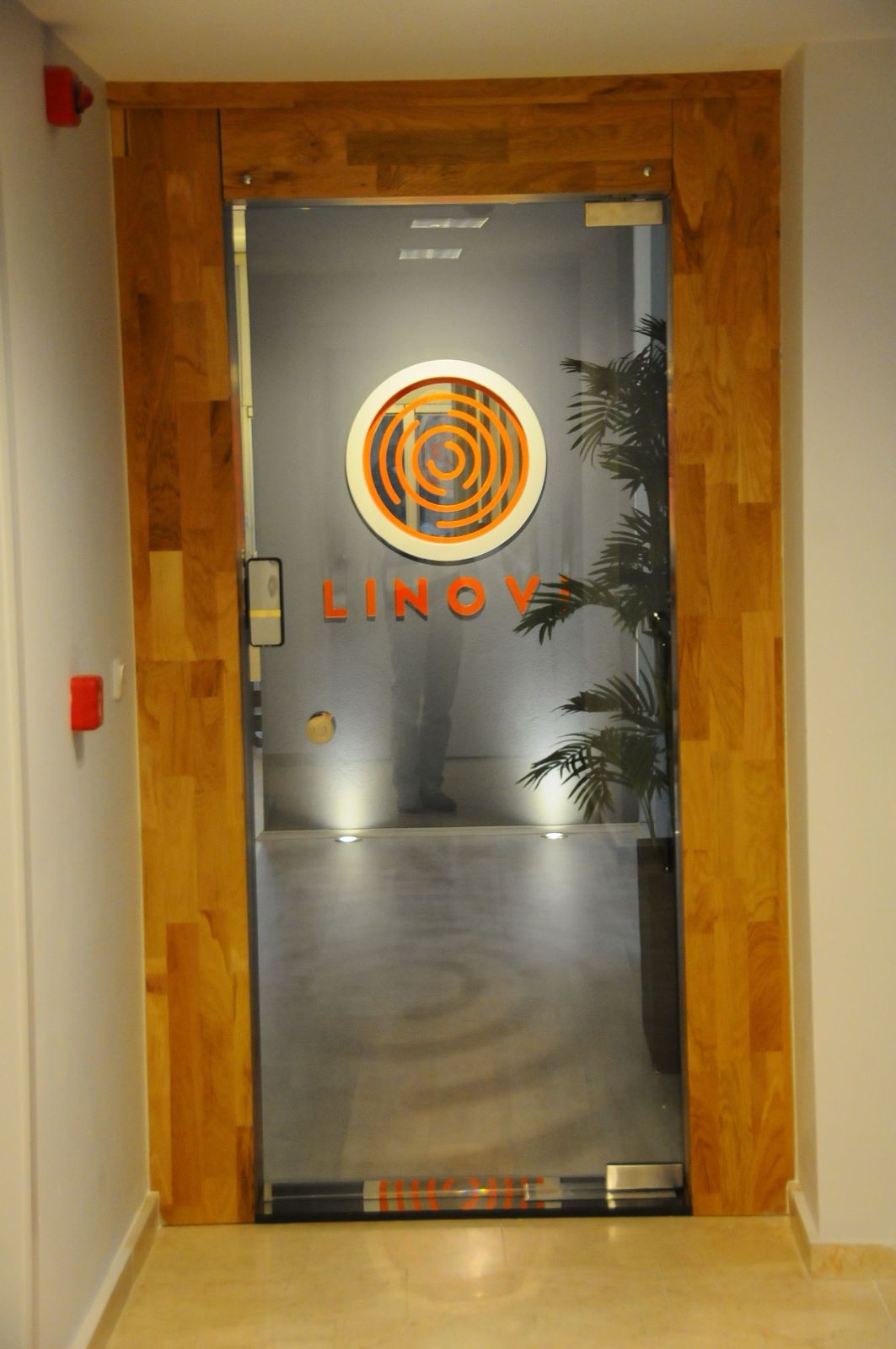 Linovi office entrance with logo